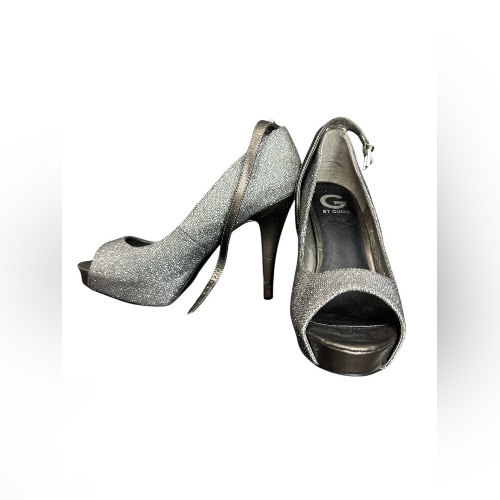 G by Guess Silver Glitter Peep Toe Ankle Strap Heels | Size 11